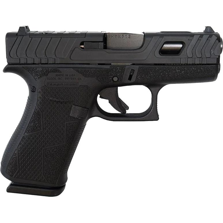 Black semi-automatic handgun isolated on white background.