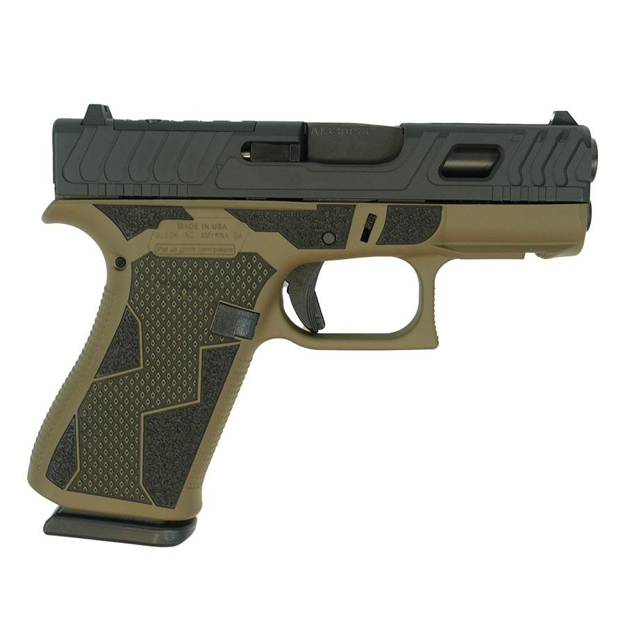Tan and black semi-automatic handgun on display.