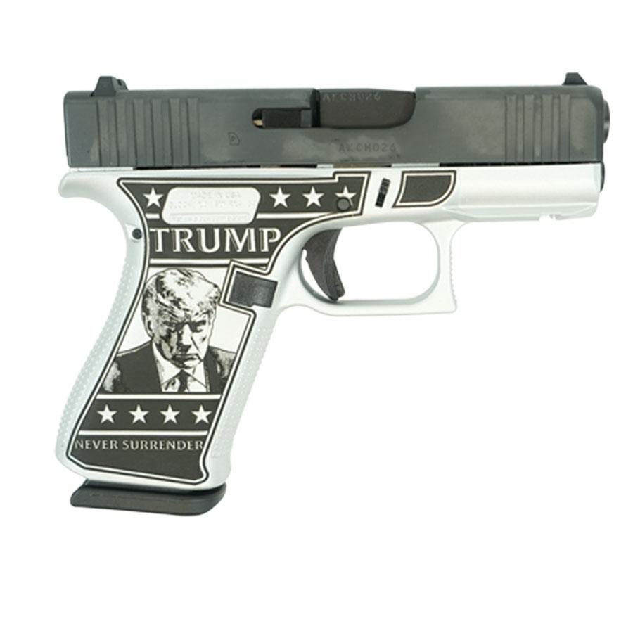 Custom pistol with political design and text.