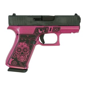 Pink pistol with black skull design.