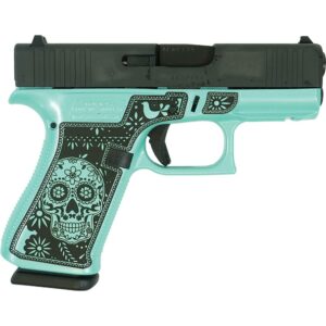 Decorative teal and black handgun with skull design.
