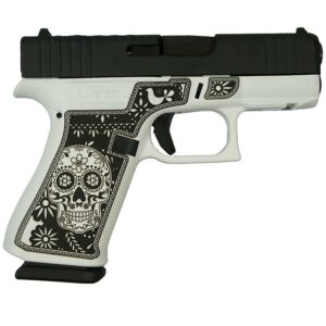 Decorative gun with skull and floral pattern.