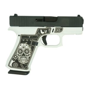 Decorative pistol with skull design on handle.
