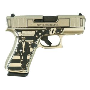 Decorative handgun with 'Never Surrender' engraving.