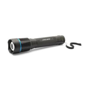 Black tactical flashlight with blue band and strap.