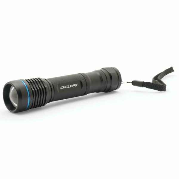 Black flashlight with wrist strap on white background.