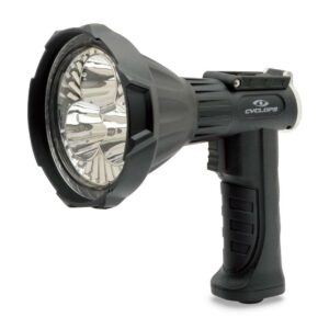 Black handheld flashlight with rubber grip and lens