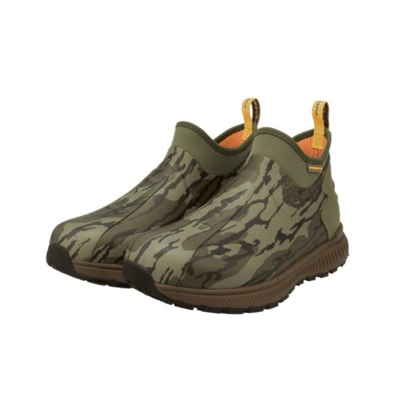 Camouflage slip-on boots with pull tabs.