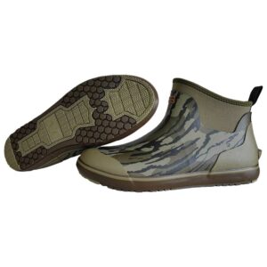 Camouflage waterproof boots with rugged sole design.
