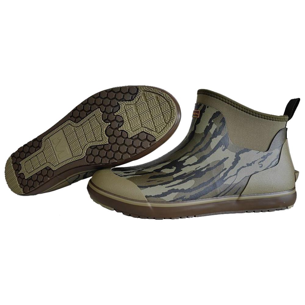 Camouflage waterproof boots with treaded soles.