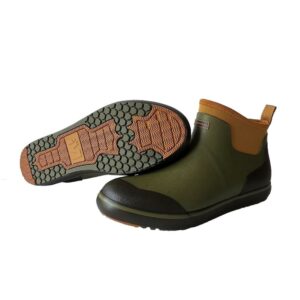 Green and brown waterproof slip-on boots with rugged soles.