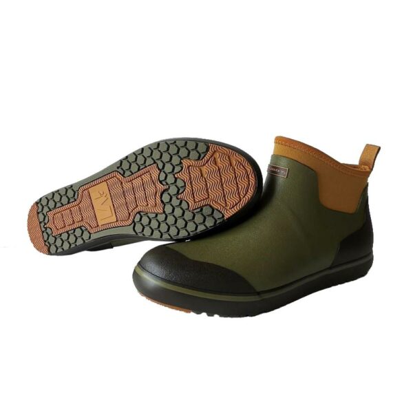 Green ankle boots with durable rubber soles.