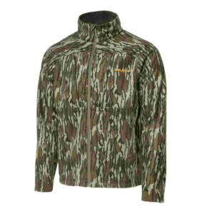 Camouflage hunting jacket with front zipper closure.