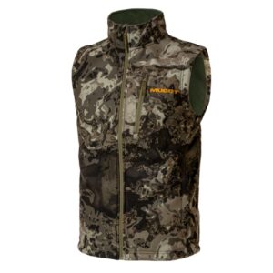 Camo hunting vest with front zipper and pockets.