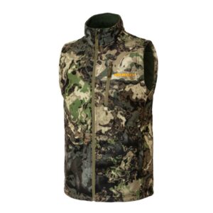 Camouflage hunting vest with pockets and zipper.