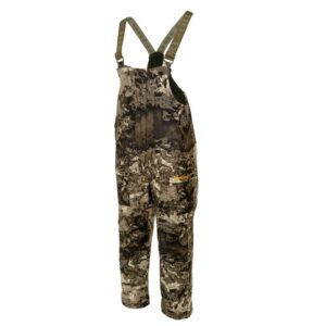 Camo-patterned hunting overalls with suspenders