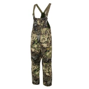 Camouflage hunting overalls with green suspenders