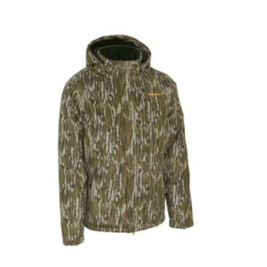 Camouflage jacket with hood for outdoor activities.