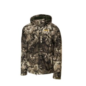 Camouflage hooded jacket with abstract forest pattern