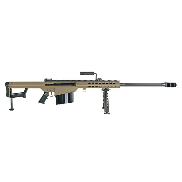 Sniper rifle with bipod and tan finish.
