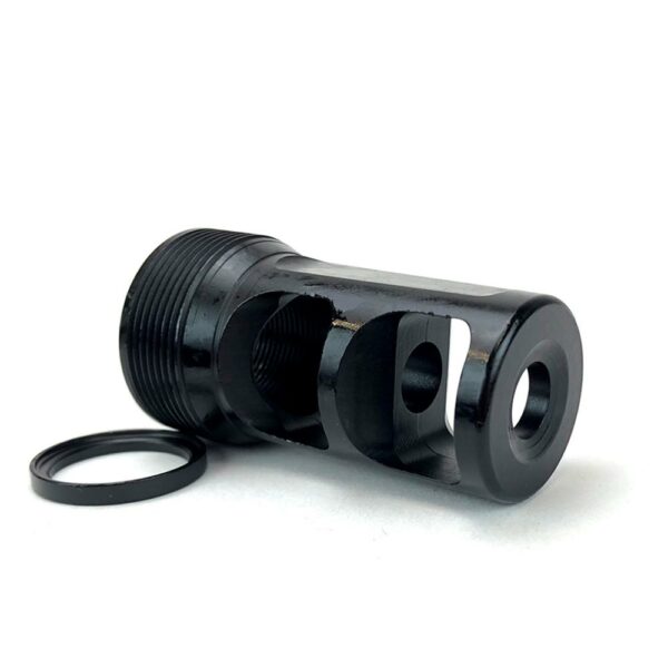 Black metal engine part with circular openings
