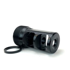 Black metal muzzle brake with removable ring.