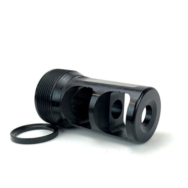 Black metal muzzle brake with removable ring.