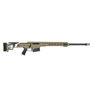 Tactical sniper rifle with scope and folding stock.