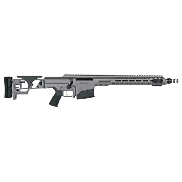 Modern precision rifle on white background.