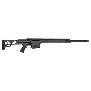 Modern black precision rifle with folded stock.