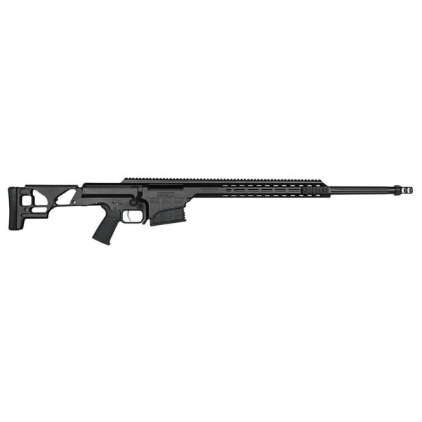 Modern black precision rifle with folded stock.