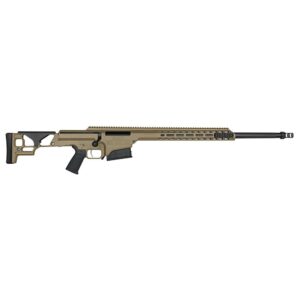 High-precision bolt-action sniper rifle, desert tan color.