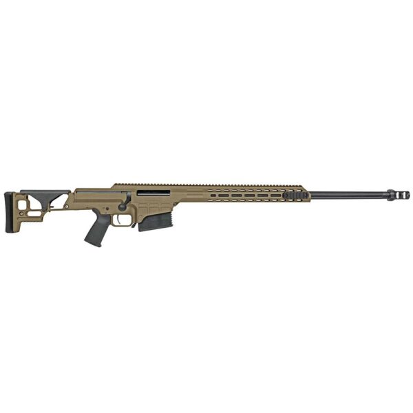 Bolt-action rifle with tan chassis, black grip.