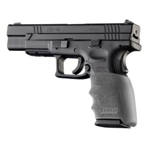 Black handgun with textured grip on white background.