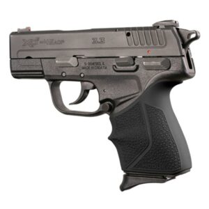 Black semi-automatic handgun, side view.