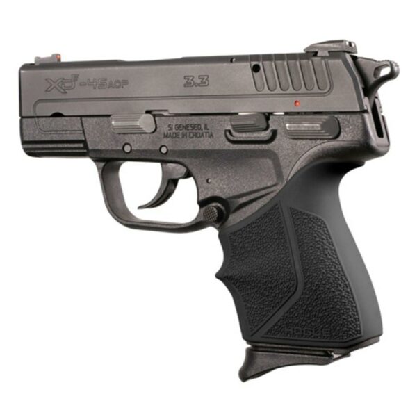 Black semi-automatic handgun, side view.