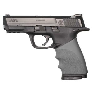 Black and silver semi-automatic handgun side view
