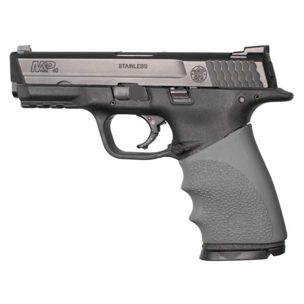 Black and silver semi-automatic handgun side view