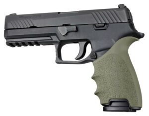 Side view of tactical pistol with textured grip.