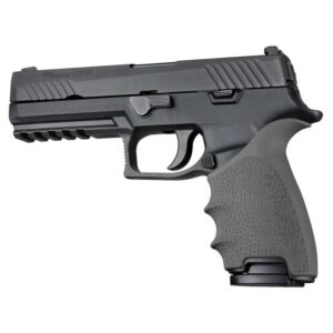 Black handgun with textured grip.