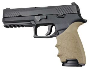 Handgun with black slide and textured grip