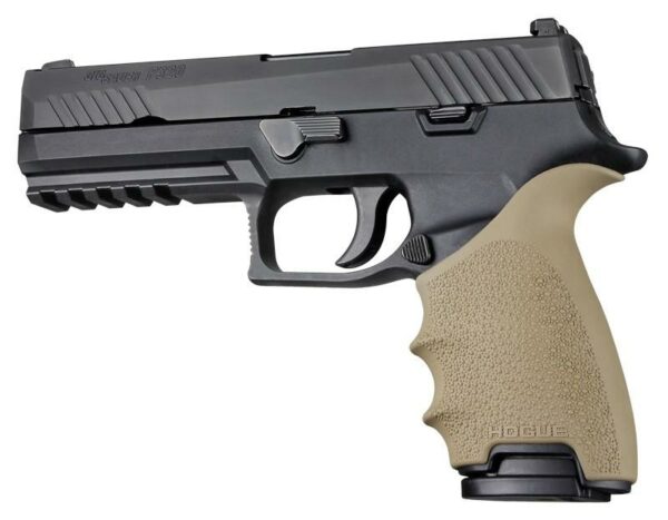 Handgun with black slide and textured grip