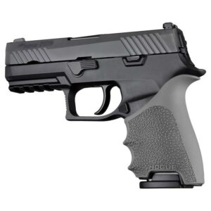 Black handgun with gray textured grip