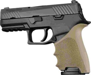 Black handgun with beige grip.
