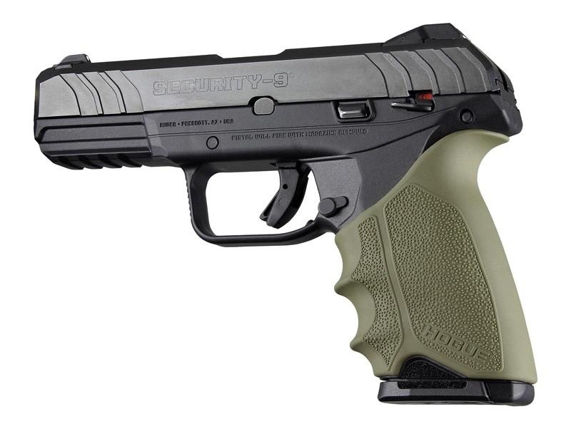 Ruger Security-9 handgun with green grip, side view.