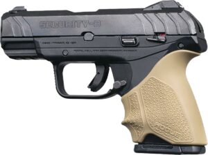 Black handgun with beige grip