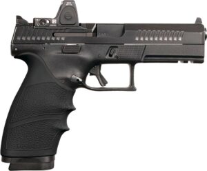 Black handgun with textured grip and sights