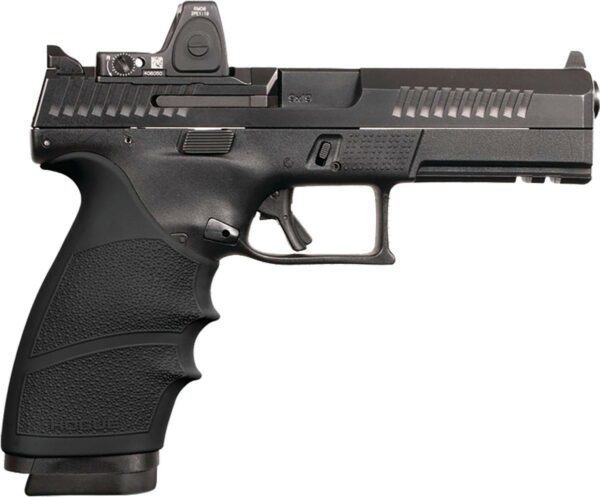 Black handgun with textured grip and sights