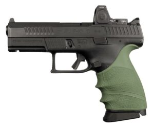 Black handgun with green grip, side view