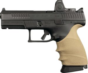 Pistol with tan grip and black slide